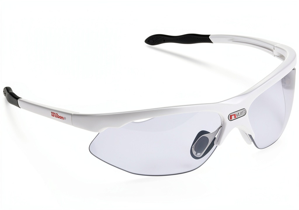 Wilson Safety Glasses White Polycarbonate Lens being adjusted on a racquetball player’s head during a match