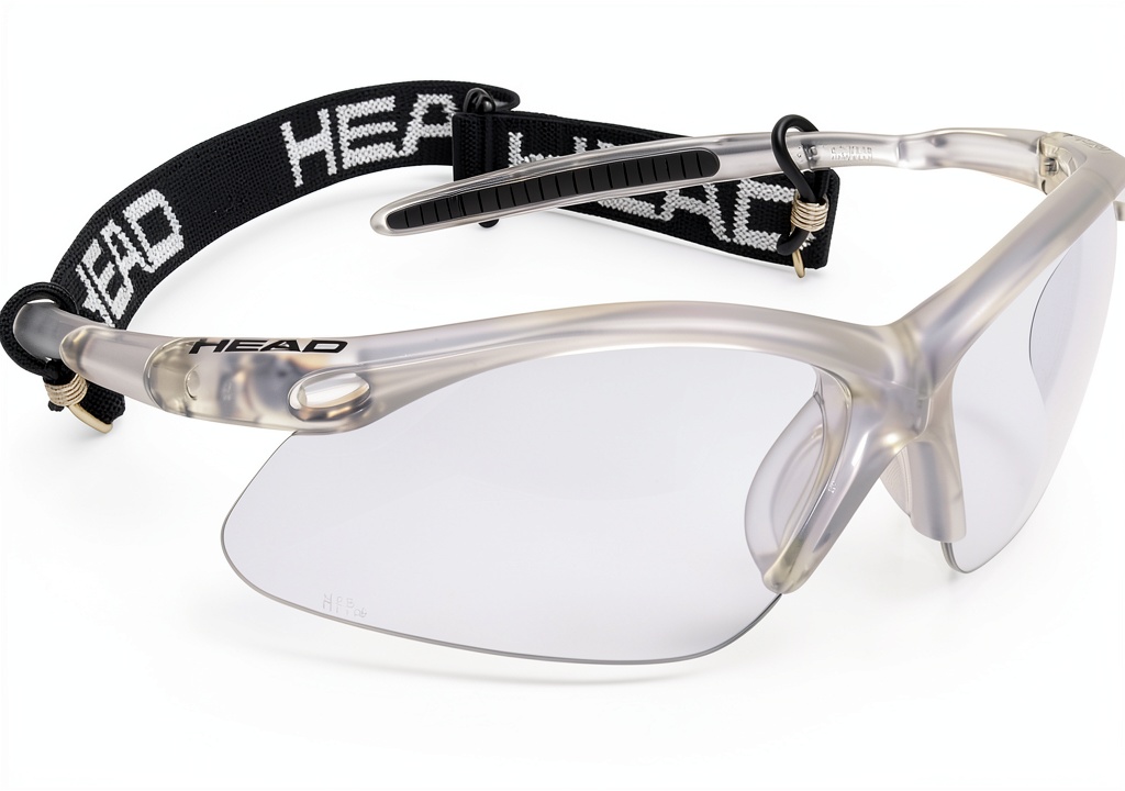 HEAD Racquetball Eyewear Clear Polycarbonate Protection being adjusted on a player's head in a gym setting