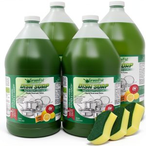 GreenFist Green Dish Soap [ Lemon Scent ] Manual Pot & Pan Professional Detergent Liquid Refill Pot & Pan Dish-Wash - Light or Heavy Use , 128 ounce ( 4 Gallon W/ 3 Sponges)-0