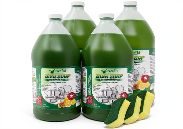 GreenFist Green Dish Soap [ Lemon Scent ] Manual Pot & Pan Professional Detergent Liquid Refill Pot & Pan Dish-Wash - Light or Heavy Use , 128 ounce ( 4 Gallon W/ 3 Sponges)-0