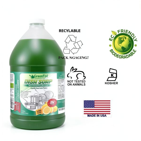 GreenFist Green Dish Soap [ Lemon Scent ] Manual Pot & Pan Professional Detergent Liquid Refill Pot & Pan Dish-Wash - Light or Heavy Use , 128 ounce ( 4 Gallon W/ 3 Sponges)-1